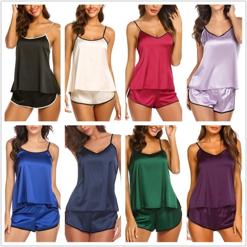 Sexy Pajamas set Women Ladies homewear Sleepwear 2pcs .Satin - 图0