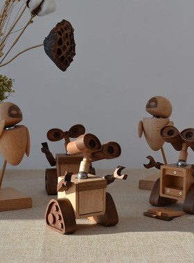 瓦力伊娃实木桌面摆件创意可爱原木装饰玩偶情侣新婚礼品节日礼物
