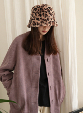 现货Autumn Winter Women Faux RabbCit Fur Leopard Bucket Hat