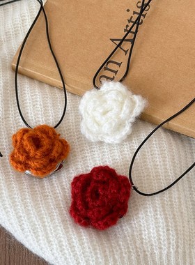 便携补妆镜~ 针织毛线花朵项链女秋冬长款装饰毛衣链简约黑绳配饰
