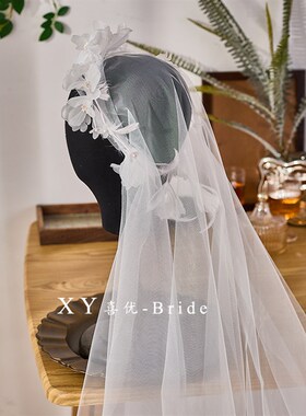 喜优梦幻超仙f绢纱花羽毛花枝新娘头纱复古气质婚纱结婚跟妆头饰