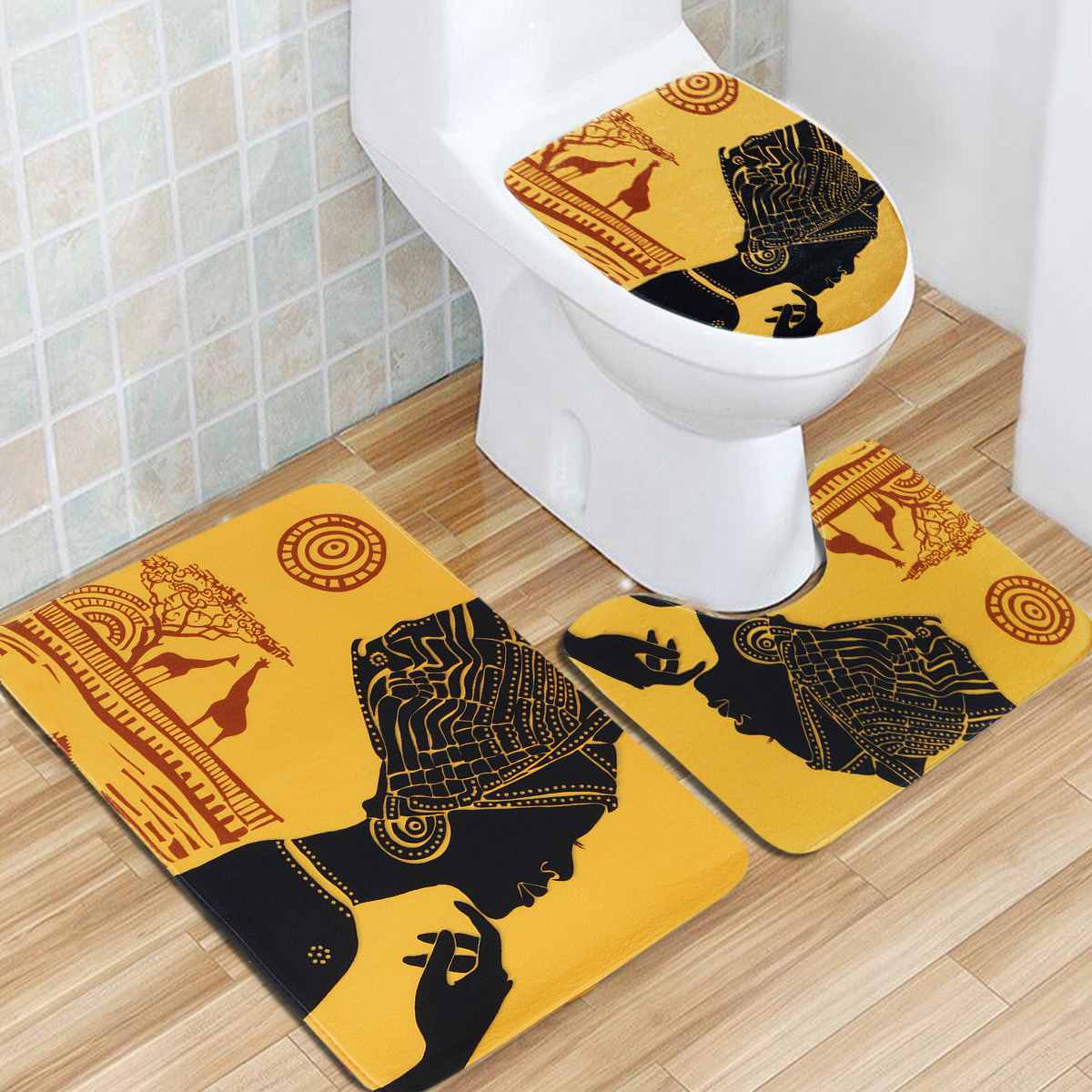 4pcs/sat Shower turCain Bath Mat Set African Women PZattern - 图0