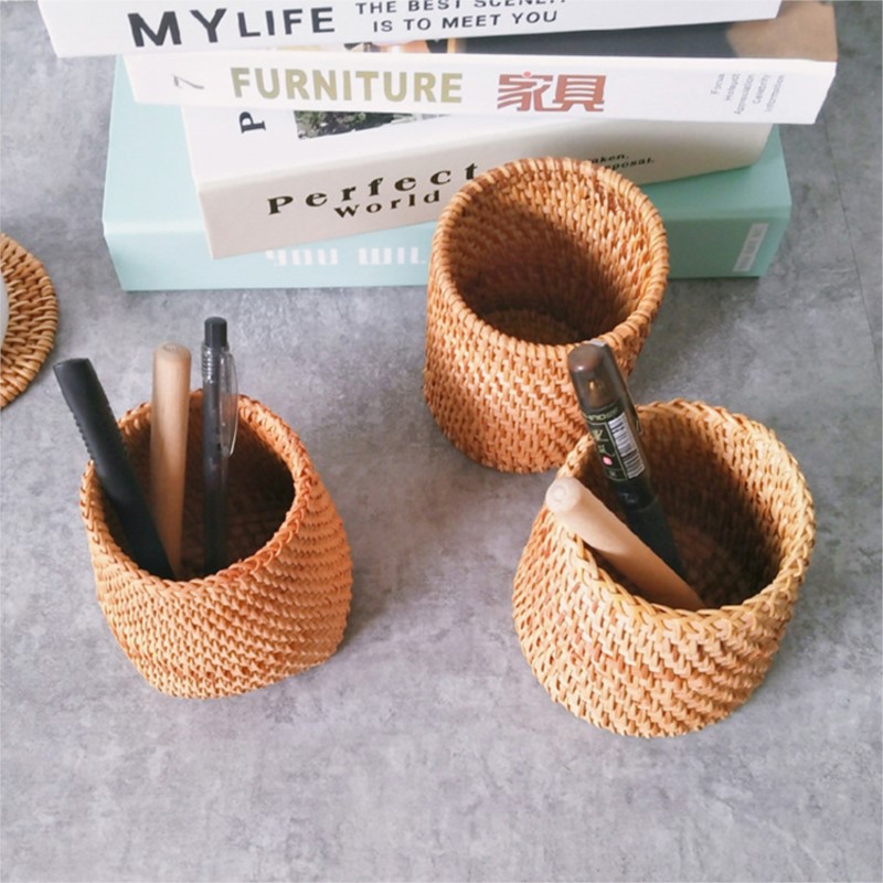 High Quaaiay Hand-mlde Rattan EStorage Box Pen Conttiner-图0