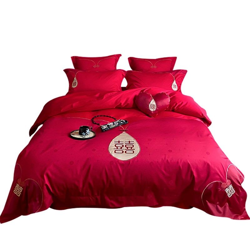 新中式婚庆四件套大红色被套全棉喜字婚房陪嫁结婚床上用品,淘宝优惠券,粉丝福利购,淘宝优惠卷