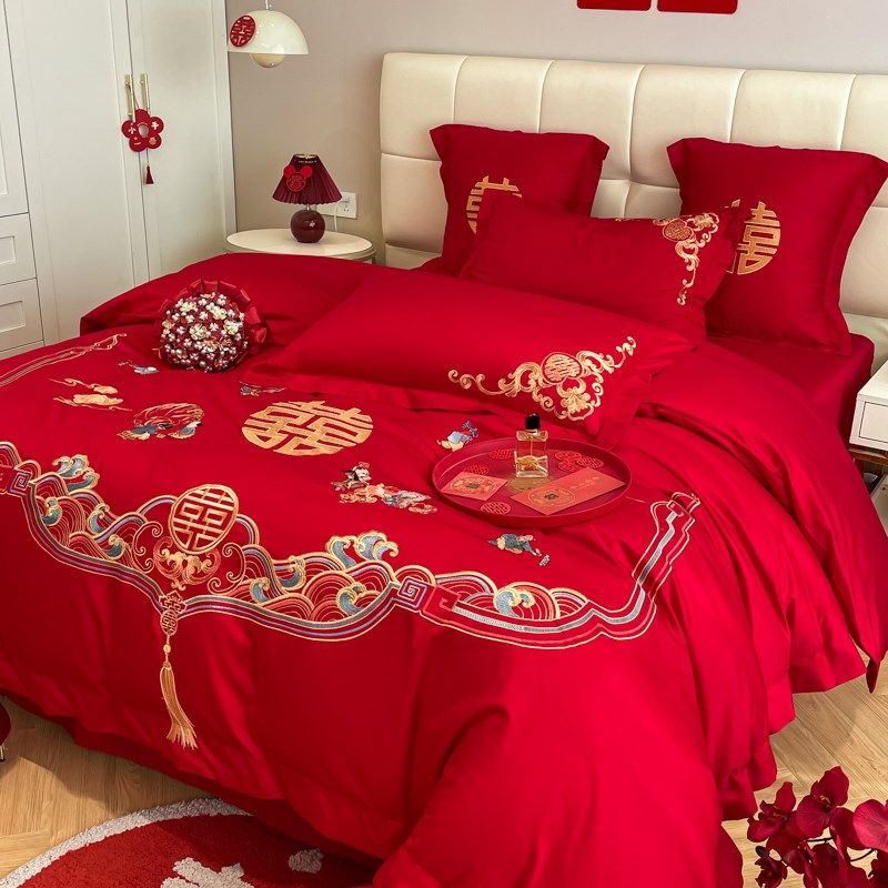 档中式结婚四件套红色百子图刺绣被套全棉婚庆床上用品婚房,淘宝优惠券,粉丝福利购,淘宝优惠卷