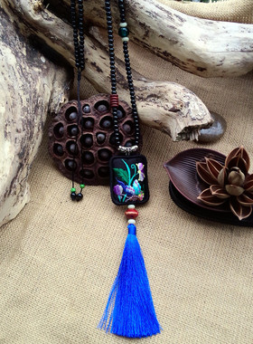 装饰品项链 女刺绣老绣片棉麻配饰长款挂饰流苏挂件 民族风毛衣链