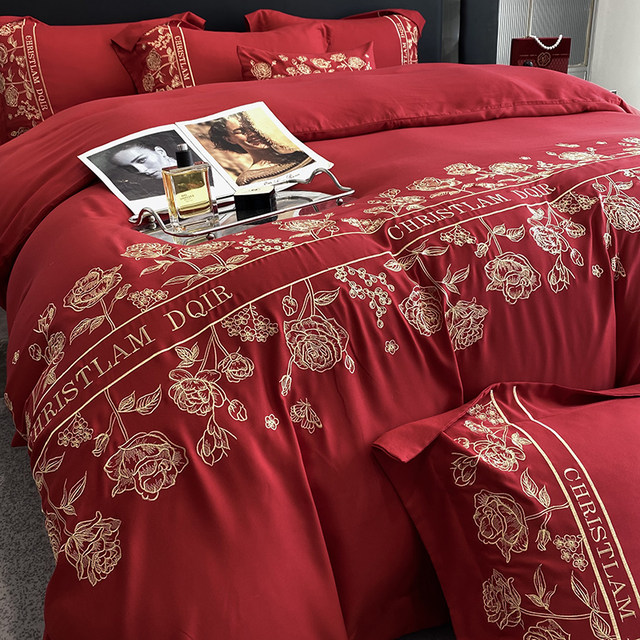 High-end wedding four-piece set pure cotton big red embroidered quilt cover wedding quilt sheets cotton wedding bedding wedding