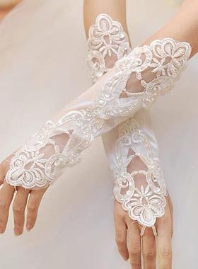 法式缎面婚纱长款手套复古蕾丝手工优雅新娘结婚晚宴礼服配饰品新