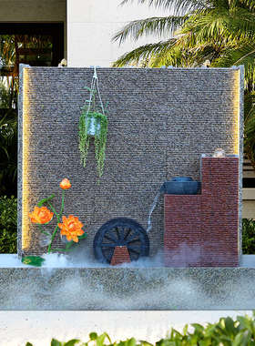 庭院假山石材水幕墙户外别墅庭院流水喷泉花园鱼池装饰造景观落地