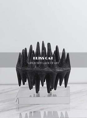 现代简约黑色陶瓷摆件水晶底座亚克力罩售楼处玄关书房书柜装饰品