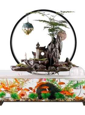 中小型玻璃鱼缸客厅办公室桌面自循环创意流水生态造景新中式摆件
