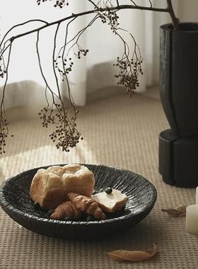 栗石侘寂风复古仿碳化木裂纹果盘中式客厅桌面茶几收纳置物盘摆件