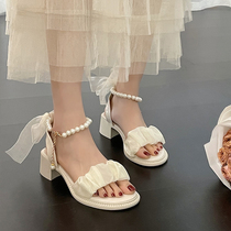 Rome Sandals Womens Summer 2023 New Middle Heel Rough Heels With Fairy Wind Pearls With Gentle Ladies Shoes