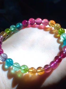 碧玺彩虹圆珠手链 玻璃体色标彩虹糖果 单圈手串6.5-7mm