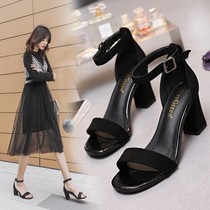 Word-of-the-word sandal sandals 2023 Summer new middle heel Heel Fairy Wind ladies Fashion Rome High heel Shoe