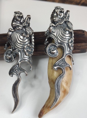 越轩银匠925纯银复古银虎牙套霸气老虎头男士吊坠熊牙套包银牙尖