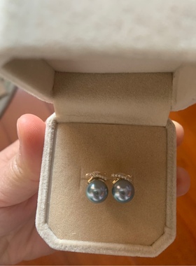 海水珍珠蓝色真多麻14k金耳钉