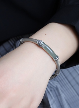 竹林深处 手工复古气质手镯925纯银溪上天然和田玉竹节手环礼物女