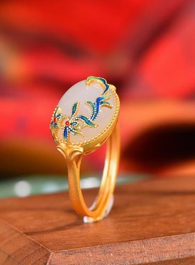 古法镶嵌天然和田玉宫廷戒指天醉