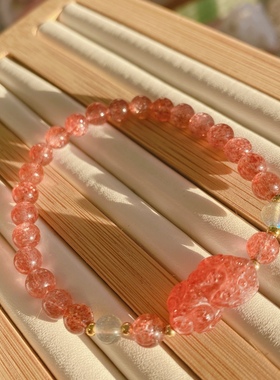 天然星光草莓晶貔貅圆珠手串6mm晶体通透感觉鸽血红爱情事业甜美