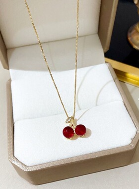韩系显白红色樱桃吊坠项