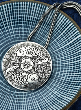 990纯银饰品吊坠圆形鲤鱼足银项坠珠宝古典项链挂件文艺男女配饰