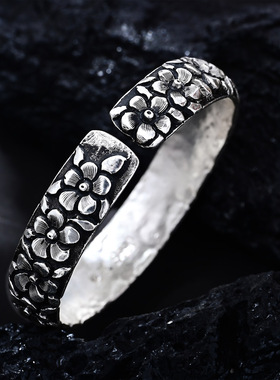 纯银浮雕古法实心民族风开口手环