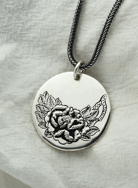 990纯银吊坠浮雕牡丹花挂件