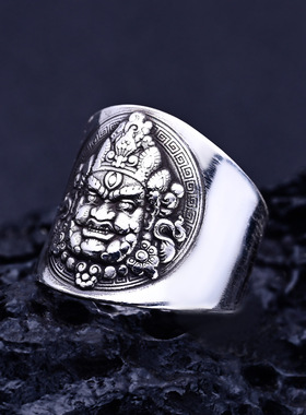 黄财神999纯银戒指指环99足银饰品素银刻花民族风古风文艺