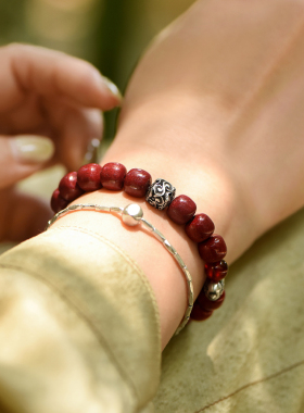 紫金砂老型珠手工银喜鹊情侣手串