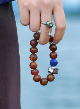 觉人玛瑙古珠青金石纯银情侣手串