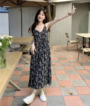 BX new dress women's summer chiffon floral V-neck waist slimming temperament long over-the-knee dress A-line