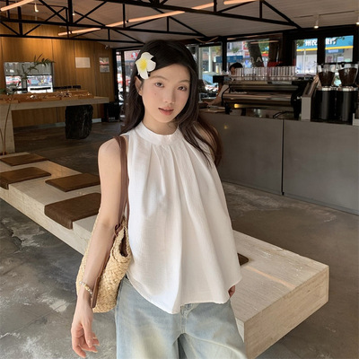 法式复古红色格子无袖背心女夏季收腰设计感小众褶皱别致V领上衣