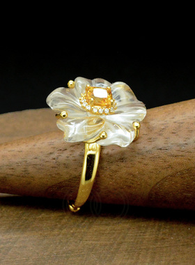 25新款冰透晶花凝露S925纯银镶天然白水晶黄水晶戒指环小香风R15