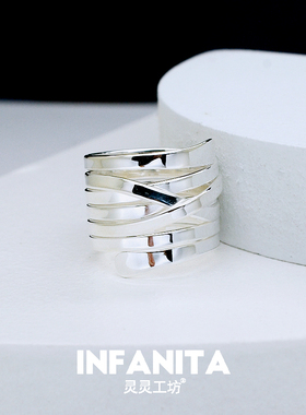 原创新款戒指女S925纯银直线条缠绕夸张重工潮流时尚个性指环R54