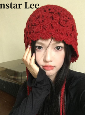 MonstarLee川西旅游花朵流苏红色毛线帽子女冬针织包头帽护耳冷帽
