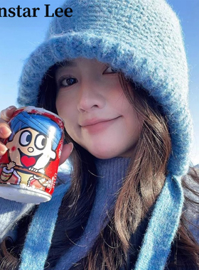 Monstar Lee蓝色毛线帽女冬保暖雷锋帽护耳针织复古巴拉克拉法帽
