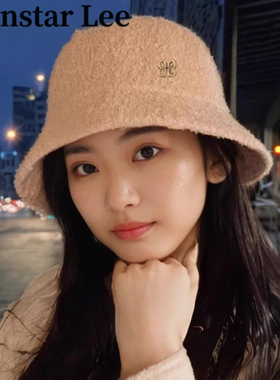 Monstar Lee羊羔毛韩版气质百搭渔夫帽子女冬显脸小时尚盆帽黑色