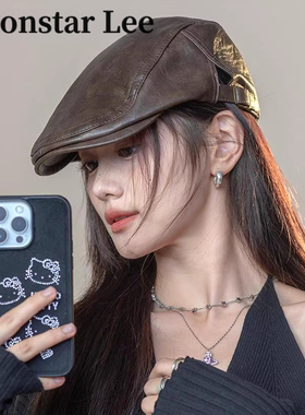 Monstar Lee帽子女时尚潮流皮质港风大头围前进帽复古贝雷帽