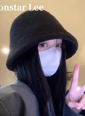 MonstarLee羊羔毛渔夫帽子女冬韩系黑色大头围水桶帽保暖防寒盆帽