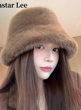 Monstar Lee毛毛帽子女秋冬毛绒渔夫帽大头围韩系百搭水桶帽盆帽