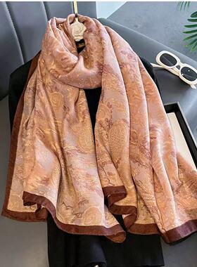品牌印花棉麻围巾女长款腰果花空调披肩百搭丝巾千鸟格秋冬保暖