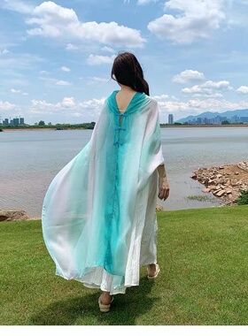 渐变色盘扣披肩女复古旅游沙滩巾