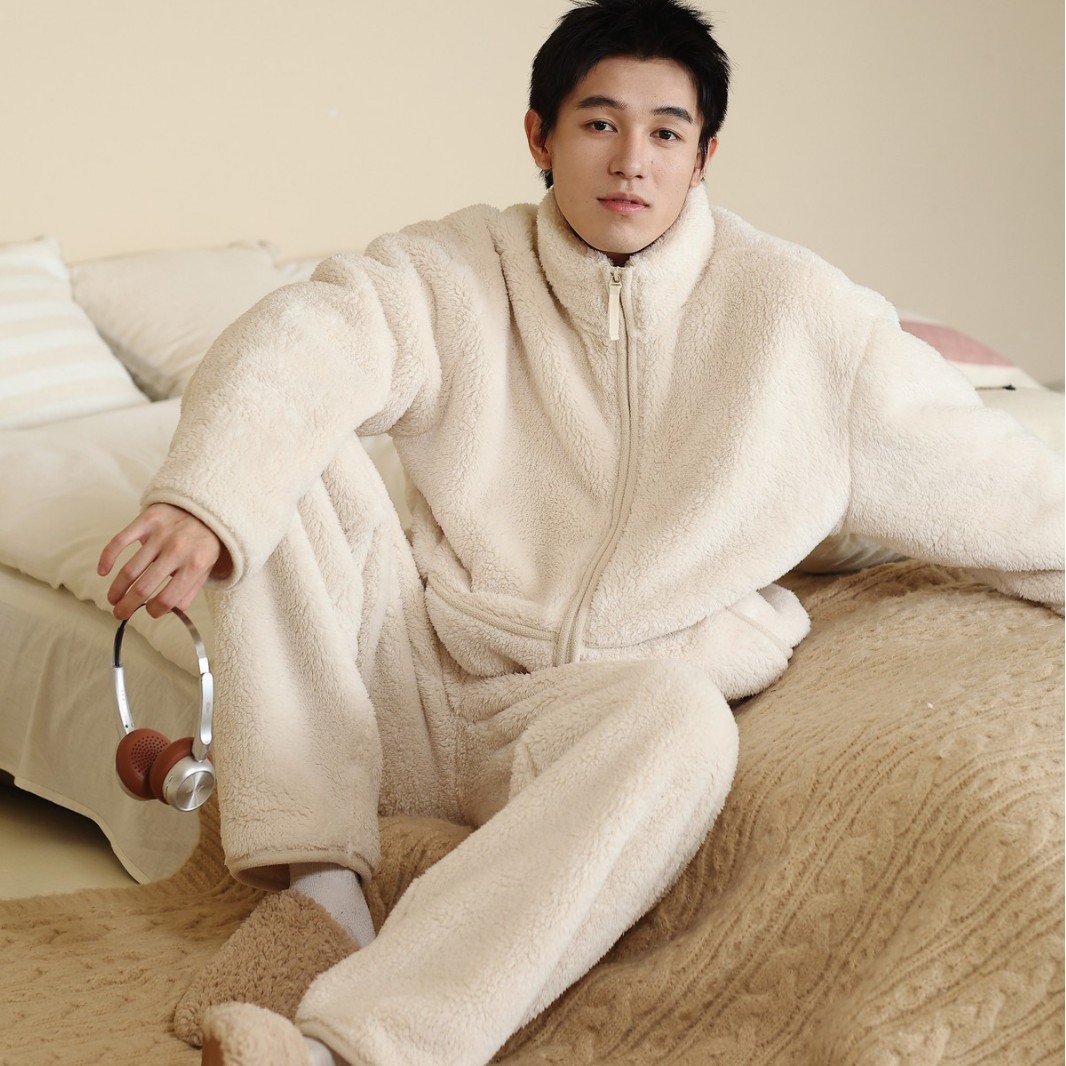 珂希卡冬季新款男士睡衣立领拉链套装珊瑚绒加厚保暖宽松家居服
