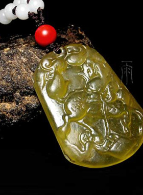 雨馨小筑天然岫玉麒麟项链吊坠中国风男女复古汉服腰佩黄金玉挂坠