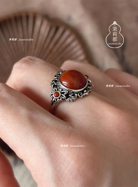 茉莉都【似锦】通体s925银南红玛瑙国风中式精巧小众活口戒指