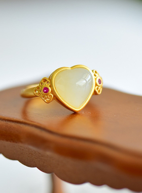 心形戒指和田玉白玉国潮国风面戒指手饰首饰女款银镶嵌白玉戒指女