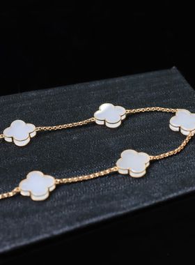 和田玉白玉四叶草手链18K金镶嵌白玉幸运草手链可调节款送礼物