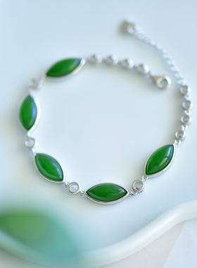 和田玉碧玉手链银镶嵌碧玉菠菜绿马眼手链菱形碧玉可调节手链手镯