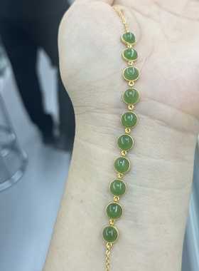 天然和田玉碧玉圆面手链925银镶碧玉圆形面手链十全十美圆面手链